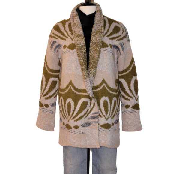 Free People Jackets & Blazers - Free People Multi Pattern Long Cardigan Sweater Jkt Size M Beige/Grn/Silver